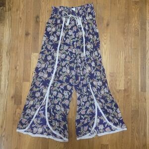Anthropologie Corfu Flare Pants Botanical Print Lace Trim Slit Bohemian Hippie M